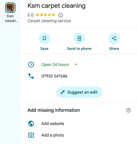 KSM Carpet Cleaning's Google Business Profile: name, rating, phone number, and "Add website" listed under missing information